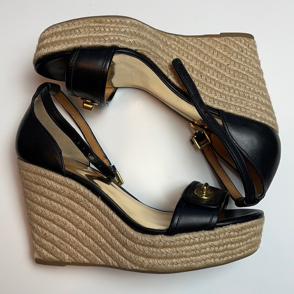 Women Coach Glinda Wedge Open Toe Ankle Strap Espadrille Shoe Black Sz 7.5